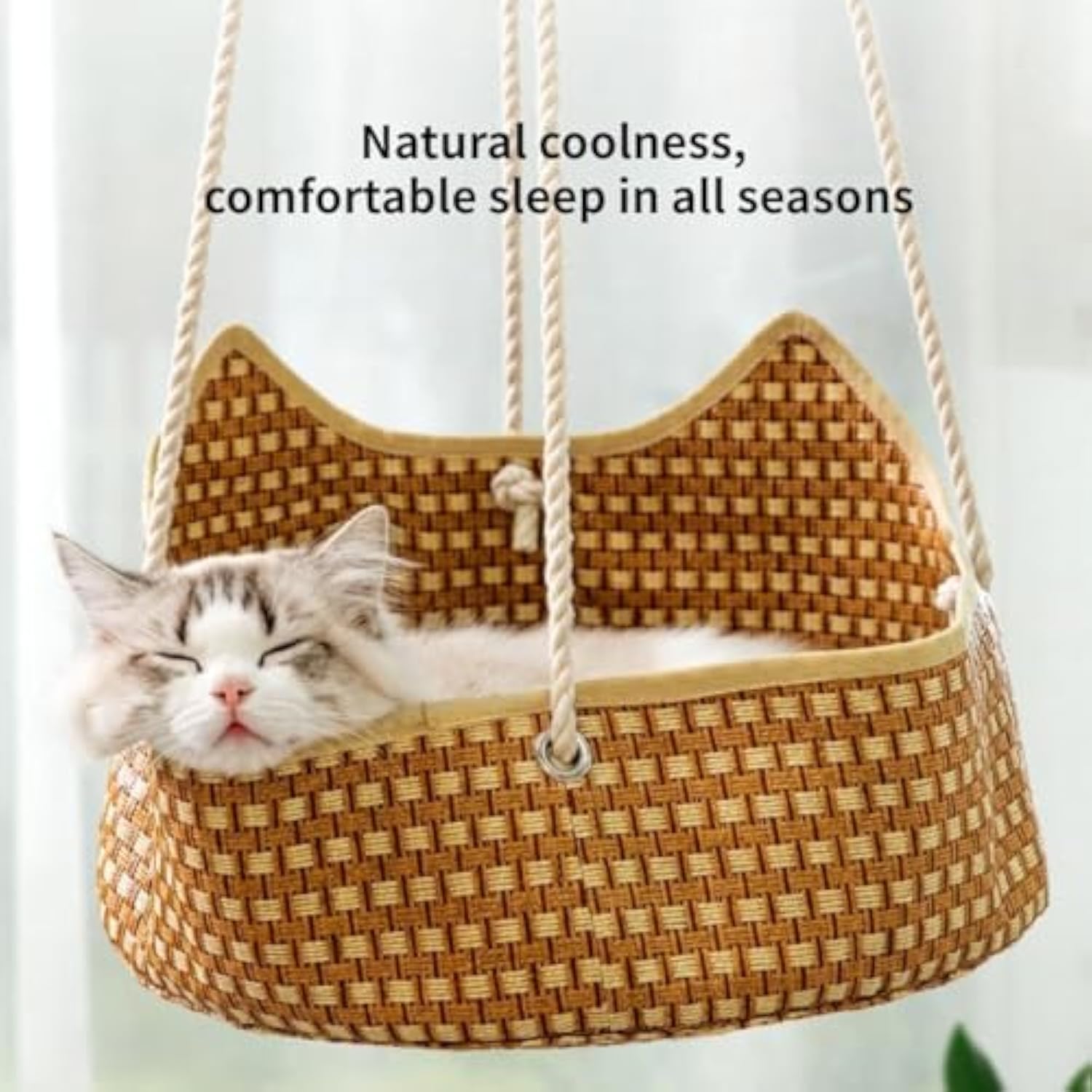 Rattan Cat Hammock - Breathable Hanging Perch Bed with Metal Hooks