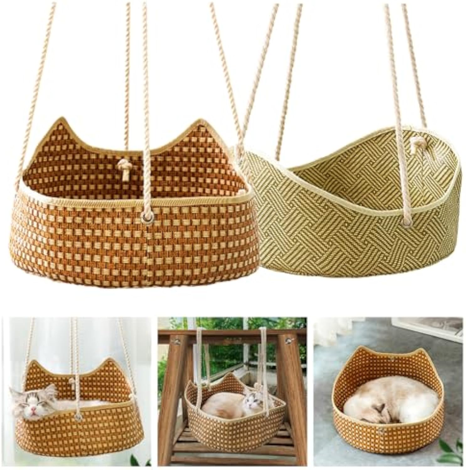 Rattan Cat Hammock - Breathable Hanging Perch Bed with Metal Hooks